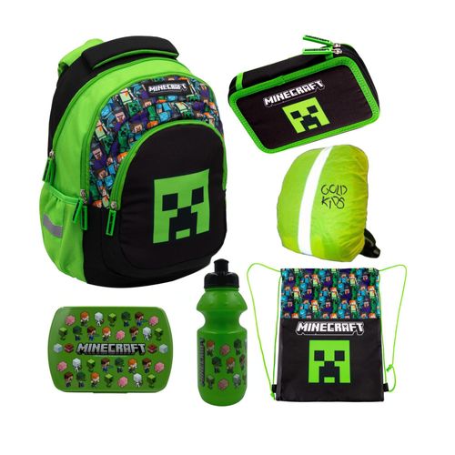 Schulranzen für Jungen und Mädchen, 6er-Set - Schul-Rucksack für Kinder mit Federmäppchen - Trinkflasche und Brotdose -Regenschutz- Minecraft Motiv
