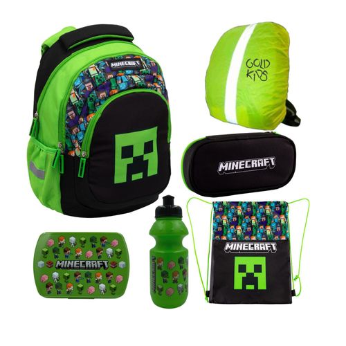 Schulranzen für Jungen und Mädchen, 6er-Set - Schul-Rucksack für Kinder mit Schlampermäppchen- Trinkflasche und Brotdose -Regenschutz- Minecraft Motiv