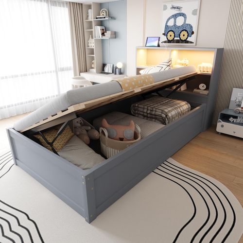 Schlafsofa 90*200, mit Mehrfachsteckdose und mehreren Staufächern, mit Lichtleiste, hydraulisches Bett, Massivholzbett, Einzelbett, multifunktionales Holzbett, Grau.