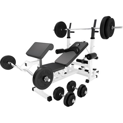 GORILLA SPORTS® Kraftstation - inkl. Hantelset 100kg, mit Hantelablage, Latzug, Butterfly und Beincurl, Verstellbar, Weiß - Multifunktion Hantelbank, Trainingsbank, Fitnessstation