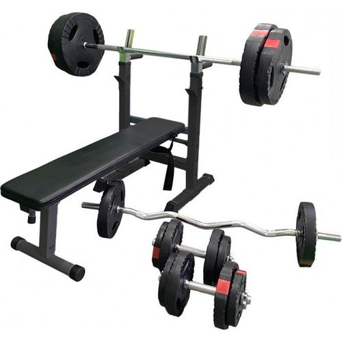 GORILLA SPORTS® Hantelbank - inkl. Langhantelset 100 kg, mit Ablage und Dip-Station, Verstellbare Höhe und Neigungswinkel, Klappbar, Multifunktion, Schwarz - Drückerbank, Flachbank, Trainingsbank