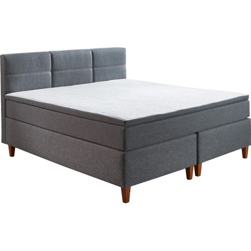 Boxspringbett - 180 x 200 cm - Braun - Grau - Webstoffbezug - Holzdekorfüße - mit Topper