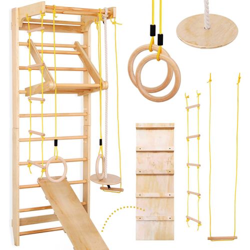 Physionics® Sprossenwand Set - Für Kinder/Erwachsene, inkl. Klimmzugstange/Ringe/Trapez/Schrägbrett/Strickleiter, aus Holz, bis 100kg