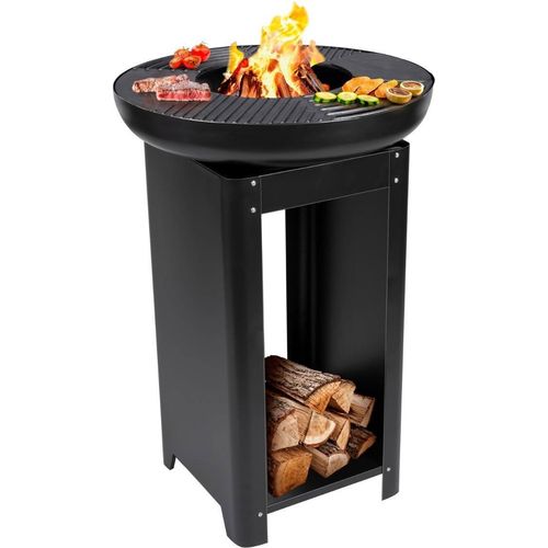 alpina 3-in-1 Feuerstelle und Grillplatte - Gartenkamin 61 x 90 cm - mit Teppanyaki-Grillplatte - Plancha Grill mit Brennholzaufbewahrung - Feuerstelle für den Außenbereich - Metall