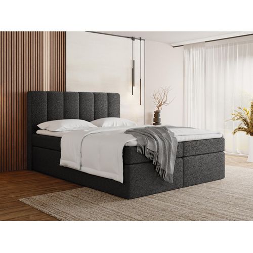 Boxspringbett 160x200 mit Bettkasten, Gepolstert Doppelbett mit H4 Bonell-Matratze, H3 Topper - Schwarzes Stauraumbett mit hohem Kopfteil, Boucle Stoff - Amira - Schwarz