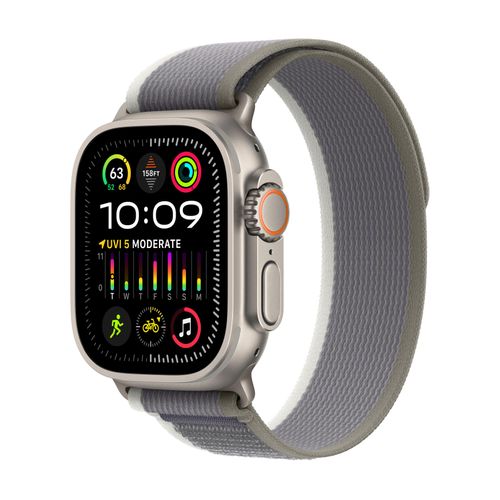 Apple Watch Ultra 2 GPS + Cellular, 49-mm-Titangehäuse mit grün/grauer Trail-Schlaufe – S/M