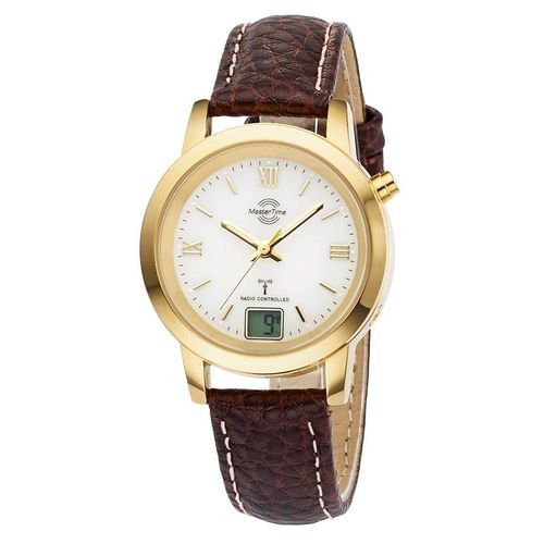 Funkuhr MASTER TIME, braun, Armbanduhren, Damen, Armbanduhr, Quarzuhr, Damenuhr, Datum, Langzeitbatterie, Lederarmband