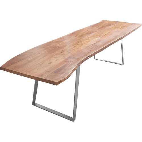 Esstisch Baumkante Akazie natur 280x100 silber schräges U-Gestell HOBART