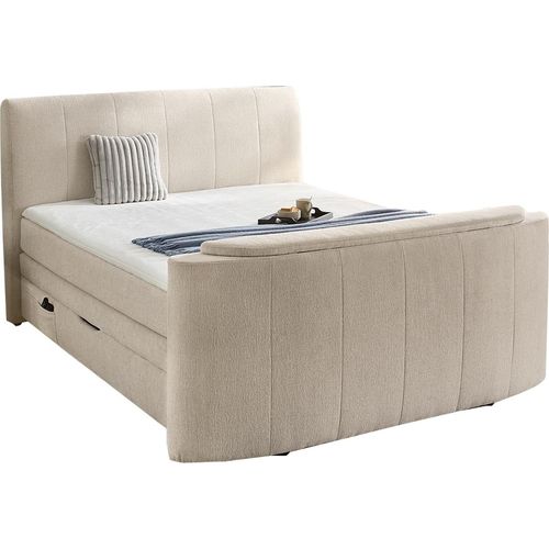 Boxspringbett - 180 x 200 cm - Beige - Webstoff - elektrisch ausfahrbare TV-Halterung