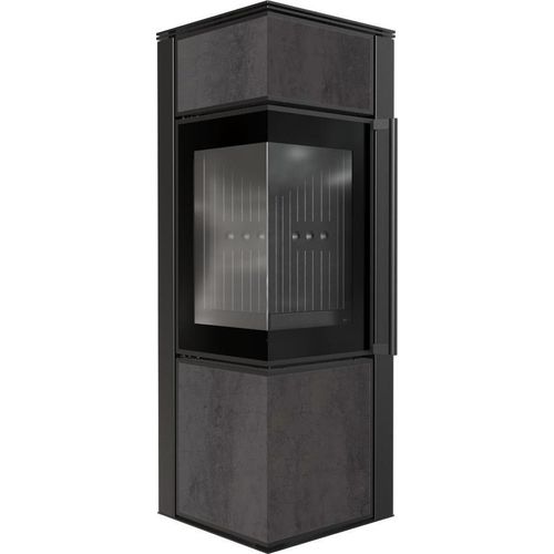 Kaminofen aus Stahl KRATKI TORA/S 8 kW Ø 150 Quarzsinter NATURALI PIETRA DI SAVOIA ANTRANCITE BOCCIARDATA schwarz Verkleidung