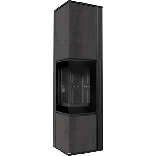 Kaminofen aus Stahl KRATKI TORA/L 8 kW Ø 150 Quarzsinter NATURALI PIETRA DI SAVOIA ANTRANCITE BOCCIARDATA schwarz Verkleidung mit Türfeder