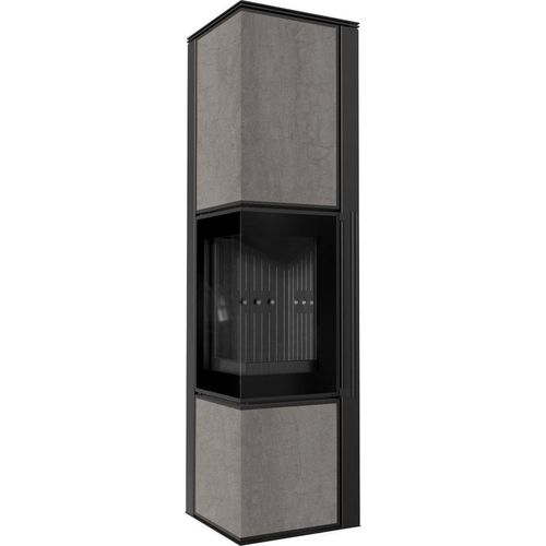 Kaminofen aus Stahl KRATKI TORA/L 8 kW Ø 150 Quarzsinter NATURALI PIETRA DI SAVOIA GRIGIA BOCCIARDATA schwarz Verkleidung