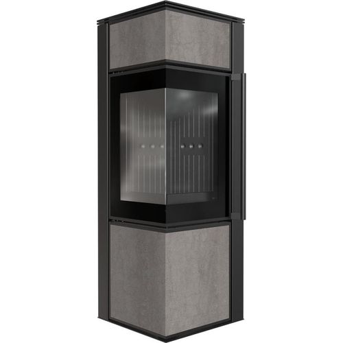 Kaminofen aus Stahl KRATKI TORA/S 8 kW Ø 150 Quarzsinter NATURALI PIETRA DI SAVOIA GRIGIA BOCCIARDATA schwarz Verkleidung