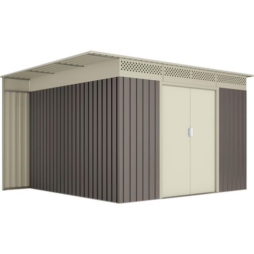 Wasabi - Metall Gerätehaus 8,96 m² Coffee – Mit Holzlager - Doppeltür-Schiebetür - Flachdach - Belüftungsgitter - Außenhäuschen - Lager- und Aufbewahrungsschuppen