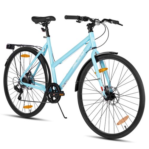 HILAND Cityrad 700C Herren Damen Student Aluminiumlegierung Pendler Stadtfahrrad, 7-Gang, mit Schutzblechen, Gepäckträger, Mechanische Scheibenbremse