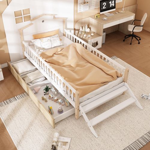 Kinderbett mit Fallschutz, Seitenleiter und einzigartigem Dachdesign – 90×200cm (Weiß + Naturholz) Kiefernholz + MDF