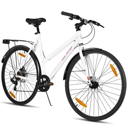 HILAND Cityrad 700C Herren Damen Student Aluminiumlegierung Pendler Stadtfahrrad, 7-Gang, mit Schutzblechen, Gepäckträger, Mechanische Scheibenbremse