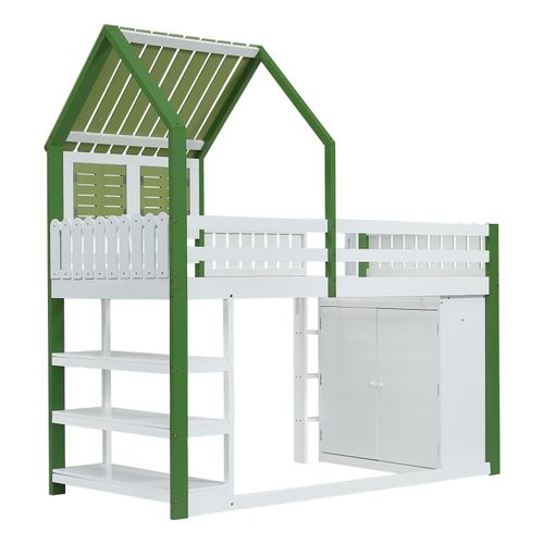 Hochbett,Kinderbett mit Fallschutzgitter,Dach und Fenster,Reichlich Stauraum mit Kleiderschrank,Dreischichtiges offenes Lagerregal,Dreistufige Leiter