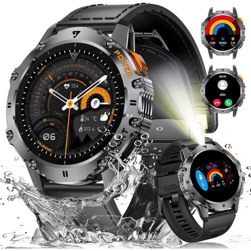 Smartwatch Herren Armbänder 1.43''AMOLED 500mAh Militär Smart Watch,IP68 Wasserdicht Fitnessuhr 110+ Sportmodi mit Taschenlampe Blutdruckmessung