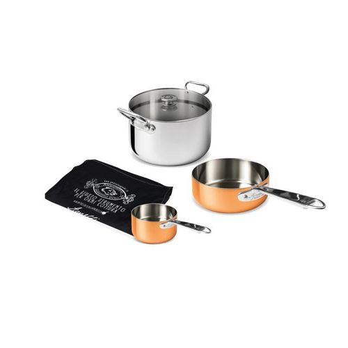 Agnelli - 3-teiliges Risotto-Set – 3-lagiger Stahl und Kupfer mit Holzbox