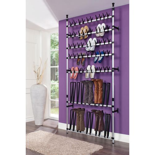 Teleskopregal RUCO, grau (aluminiumfarben, schwarz), B:65cm H:250cm T:20cm, Aluminium, Kunststoff, Regale, Aluminium/Kunststoff, für bis zu 50 Paar Schuhe 10 Paar Stiefel