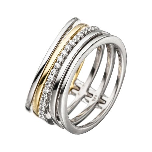 Silberring JOBO Gr. 58, silber (silber 925), Fingerringe, Damen, 58, Silber 925 (Sterlingsilber), breit 925 Silber bicolor vergoldet mit 21 Zirkonia