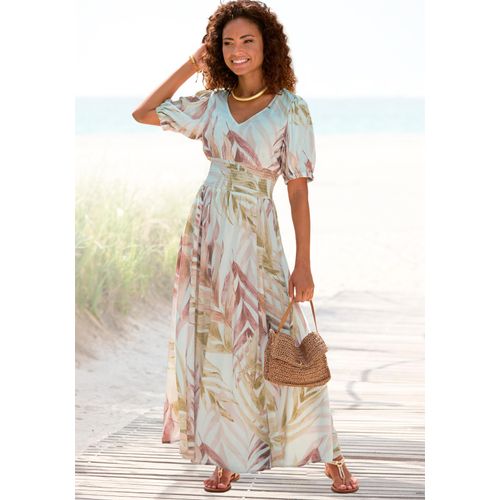 Maxikleid LASCANA, Damen, Gr. 36, N-Gr, orange (sand, orange bedruckt), Web, Obermaterial: 100% Viskose, bedruckt, modisch, figurumspielend knöchellang, tiefer V-Ausschnitt, Kurzarm elastischer Bund mit innenliegendem Gummizug, Kleider, mit Alloverprint und gesmokter Taille, luftiges Sommerkleid, Topseller