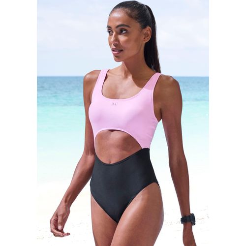 Badeanzug LASCANA ACTIVE, Damen, Gr. 46, N-Gr, schwarz (schwarz, rosa), Recycling-Polyamid, Xtra Life LYCRA, Colorblocking, Badeanzüge, mit modischem Cut-Out