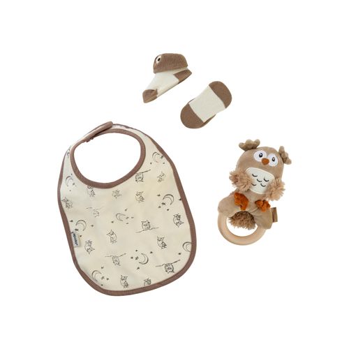 Neugeborenen-Geschenkset APOLLO, Baby, multi color, Obermaterial: 100% Polyester. Obermaterial 2: 100% Polyester. Obermaterial 3: 75% Baumwolle, 22% Polyester, 3% Elasthan, unifarben, casual, KOB Set-Artikel, Babyset, Eule, Lätzchen, Ring, Söckchen