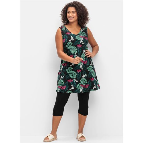 Hausanzug SHEEGO, Damen, Gr. 50, schwarz (schwarz, gemustert), 95% Viskose, 5% Elasthan, Homewear-Sets