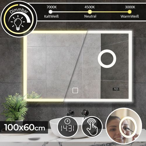 Aquamarin® Badspiegel mit LED Beleuchtung - 100 x 60cm, EEK A++, Touchschalter, Dimmbar 3in1 Kaltweiß Neutral Warmweiß, Digitaluhr, Kosmetikpiegel