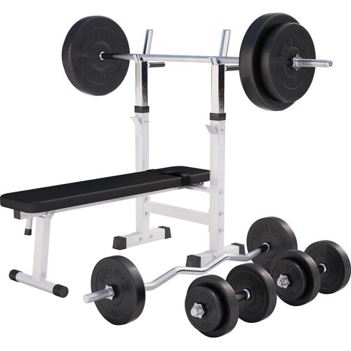 GORILLA SPORTS® Hantelbank - mit Ablage und Dip-Station, inkl. Hantelset 100kg, Verstellbar, Klappbar, Weiß - Drückerbank, Fitness Flachbank, Multifunktion, Trainingsbank mit Gewichten