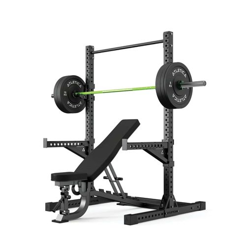ATLETICA R7 Squat Rack | Storm Set | 203 cm Höhe | Schrägbank, Hantelstange, 70 kg Bumper Plates, Pull-Up Bar, Spotter Arms, J-Hooks inkl.