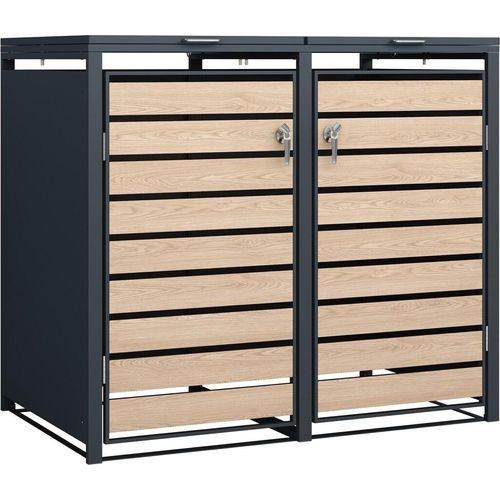 Mülltonnenbox 2-er, Stahl verzinkt Front in Holzoptik