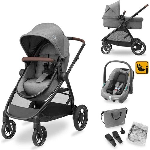 Maxi-Cosi Zelia S Trio Kinderwagen 3 in 1 Komplettset, Zusammenklappbar, Kompakt, Verstellbarer Baby Kinderwagen, mit CabrioFix S i-Size Babyschale, Zubehör, Wickeltasche, 0-4 Jahre, bis 22 kg, Grey - Grau