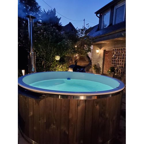Badefass 200cm mit 30 KW Holzofen Hottube mit Abdeckung und Treppe FI Schalter 12Düsen Whirlpool