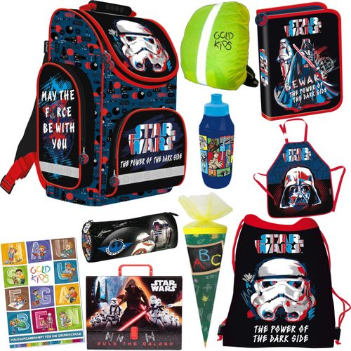 Schulranzen für Jungen ab 1 Klasse - Schul-Rucksack Kinder mit Star Wars -Motiv - Federmäppchen Schuhbeutel - Schürze Zuckertüte - Aktentasche