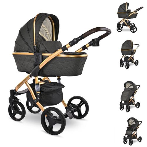 Lorelli Kinderwagen Rimini Premium Sportsitz Tragewanne Moskitonetz verstellbar schwarz gold