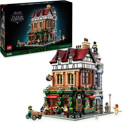 LEGO Icons Eckhaus im Tudorstil, Miniatur Haus Set für Erwachsene, Bauset mit 8 Minifiguren, Dekoration fürs Büro oder Wohnzimmer, Geschenk für Männer und Frauen 10350