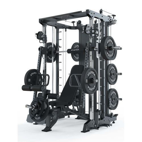 ATLETICA SEK Multipresse Set | FULLFORCE | Set mit Jammer Arms & Leg Press, B2 Hantelbank mit Anbauteilen, Delta Langhantel & 150 kg Bumper Plates