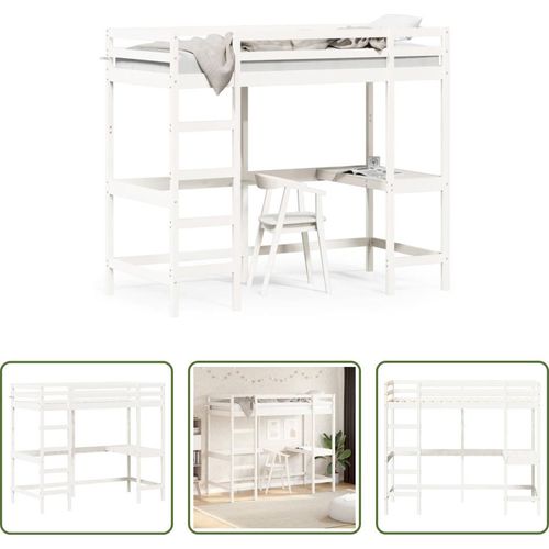 The Living Store Hochbett mit Schreibtisch Weiß 90x190 cm Massivholz Kiefer