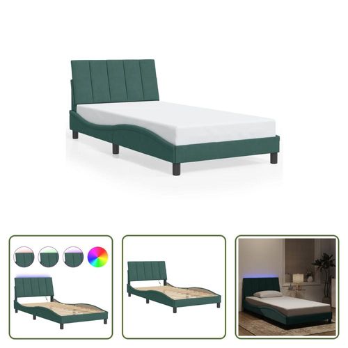 The Living Store Bettgestell mit LED-Leuchten Dunkelgrün 100x200 cm Samt