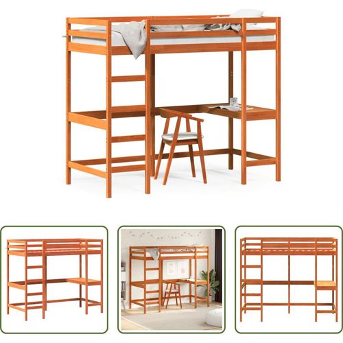 The Living Store Hochbett mit Schreibtisch Wachsbraun 90x200cm Massivholz Kiefer