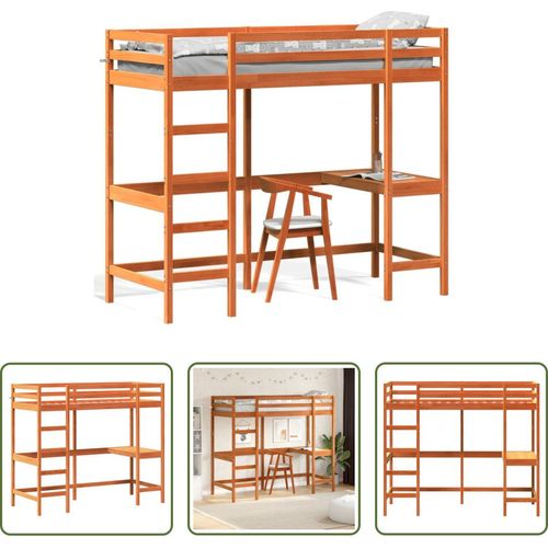 The Living Store Hochbett mit Schreibtisch Wachsbraun 80x200cm Massivholz Kiefer