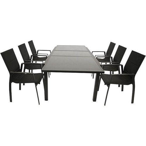 Gartenset Garnitur 7-teilig, Aluminium schwarz, Textillene, Glasplatte