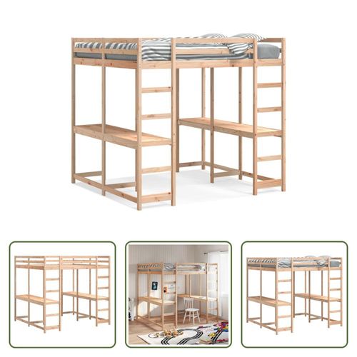 The Living Store Hochbett mit Schreibtisch & Leiter 180x200 cm Massivholz Kiefer