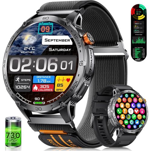 mit LED Taschenlampe/730mAh Akku, 1,75'' AMOLED Smart Watch mit Telefonfunktion, 5ATM Wasserdicht Fitnessuhr Sportuhr mit 110+ Sportmodi