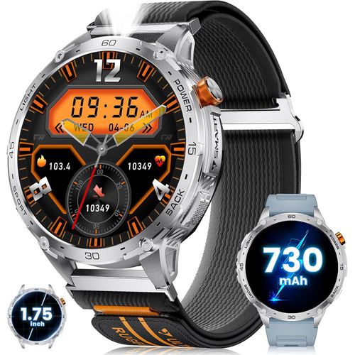 mit LED Taschenlampe/730mAh Akku, 1,75'' AMOLED Smart Watch mit Telefonfunktion, 5ATM Wasserdicht Fitnessuhr Sportuhr mit 110+ Sportmodi
