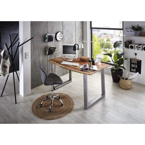 Schreibtisch Palma 120x80 cm, Akazienholz naturfarben & massiv, Bürotisch mit echter Baumkante, Computertisch mit U-Gestell aus Metall Silber