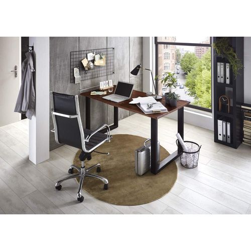 Schreibtisch Palma 180x90 cm, Akazienholz nussbaumfarben & massiv, Bürotisch mit echter Baumkante, Computertisch mit U-Gestell aus Metall Mattschwarz